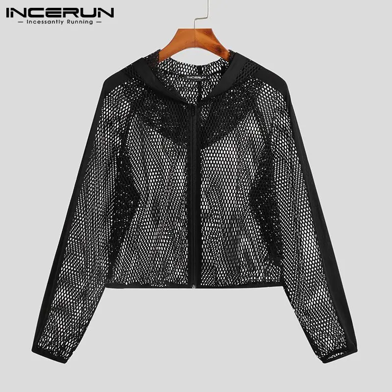 INCERUN 2024 Men Mesh Crop Tops Hooded Solid Color See Through Sexy Casual T Shirt Workout Outerwear Zipper Streetwear Camisetas