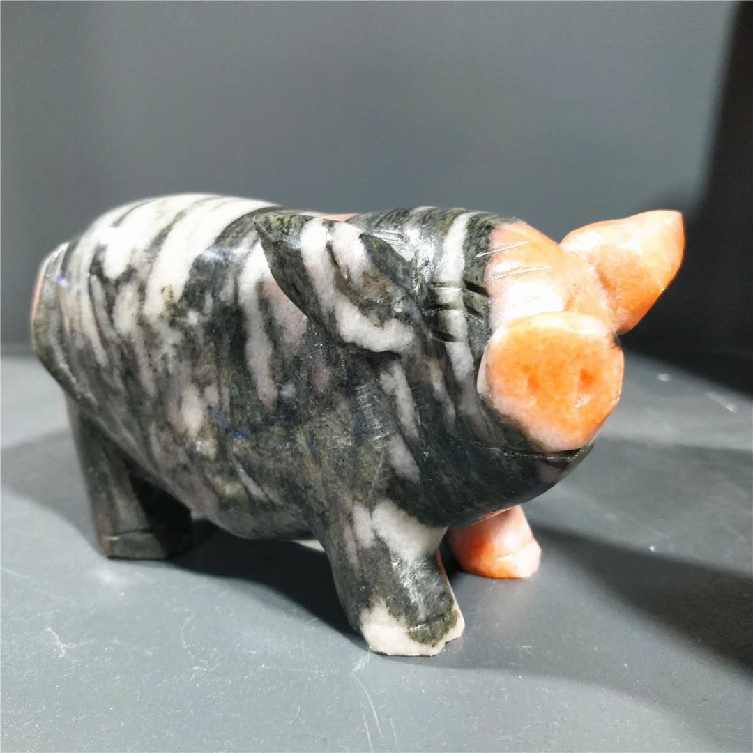 Natural Sun Crystal Sunstone Minerals Carved Pig Figurine Statue Desk Ornament Folk Art Handicraft Sculpture Decorate Lucky Rock