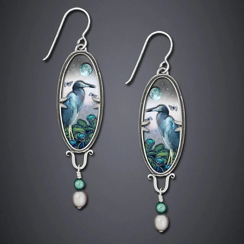 2020 Wholesale Exquisite Bird Blue Heron Flower Pattern Earrings Ladies Elegant Pearl Resin Stone Statement Drop Jewelry