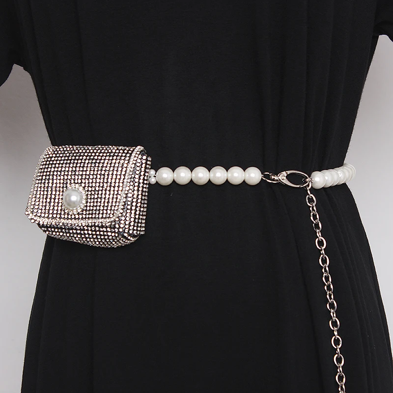 Women's Runway Fashion Diamonds Bag Pearl Chain Cummerbunds Female Dress Corsets Waistband Belts Decoration Narrow Belt TB1636