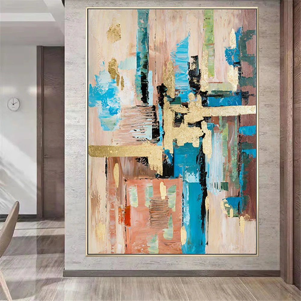 Hand-painted abstract oil painting pink blue texture gold foil canvas painting wall painting modern home decor hanging painting