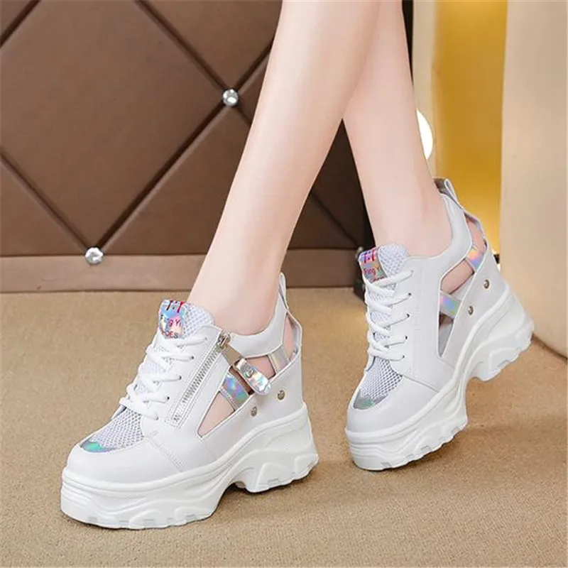 Summer Women Sneakers Mesh High Platform Trainers White Shoes 9CM Heels Wedges Sandals Breathable Woman Casual Outdoor Shoe