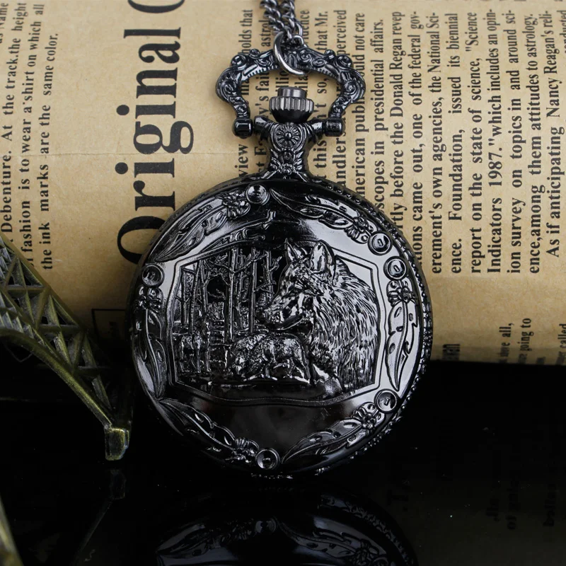 Montre de Poche à Quartz pour Homme et Femme, Loup Exquis, Vintage, Noir, Pendentif, Collier, Bijoux, Cadeaux, Nouvelle Arrivée, Livraison Directe