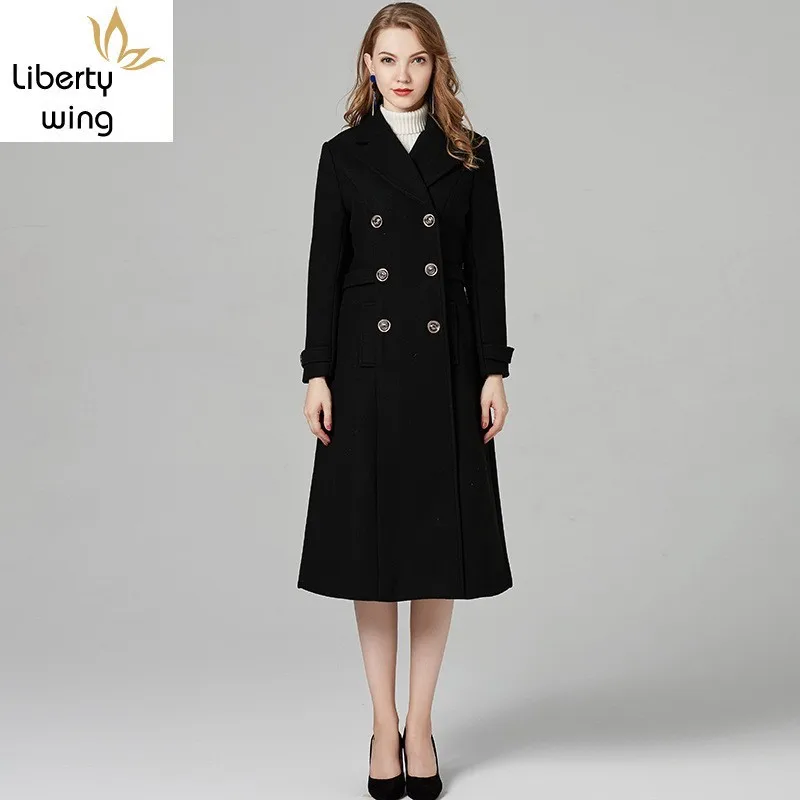 

Elegant Solid Black X-Long Wool Coat Women Fashion Lapel Double Breasted Casual Woolen Jacket Female High Quality Outerwear Lady