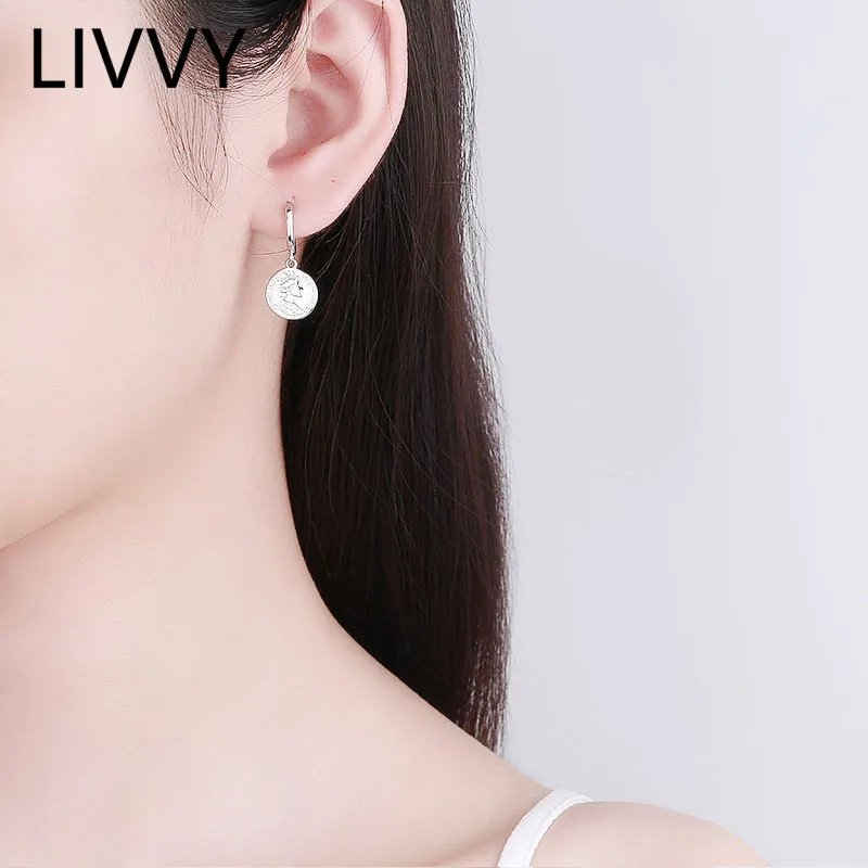 LIVVY Silver Color Coin Vintage Round Portrait Pendant Earrings For Women Fashion  Simple Personality Jewelry