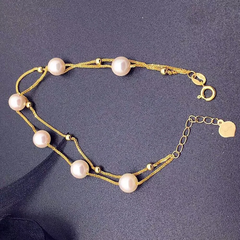 MADALENA SARARA 18K gold Freshwater Pearl Chain Bracelet Au750 Double Rows Extention Chain Cute Girl Style