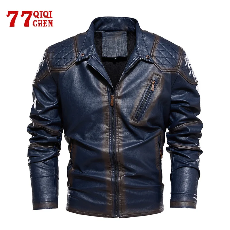 

Mens Vintage Leather Jacket Pu Punk Coat Fashion Stand Collar Motorcycle Jacket Male Thick Fleece Winter Warm Casual Windbreaker