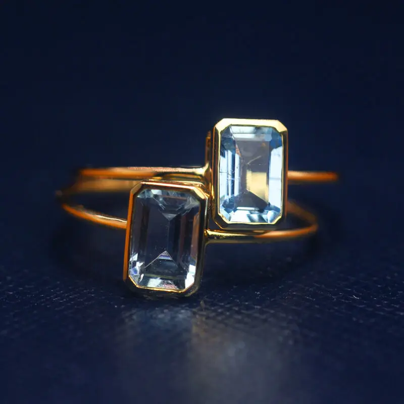 Unique original new rectangular aquamarine minimalist design opening adjustable ring exquisite charm luxury ladies jewelry