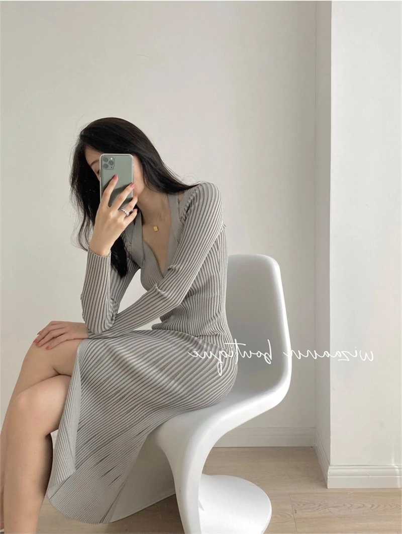 LMQ NEW Sexy Knee-Length Party Dresses Wrapped Knitted Long Sleeve V Neck Elegant Stretchy Solid Dress Sweater Bodycon