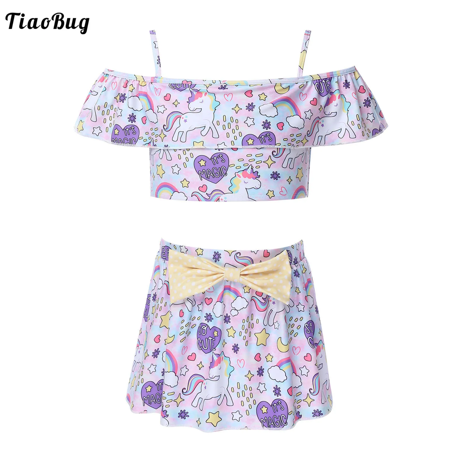 2Pcs Kid Girl Summer Cartoon Printed Swimming Suit Slash Neck Ruffle Hem Cropped Top And Bowknot Skirt With Built-In Briefs Suit