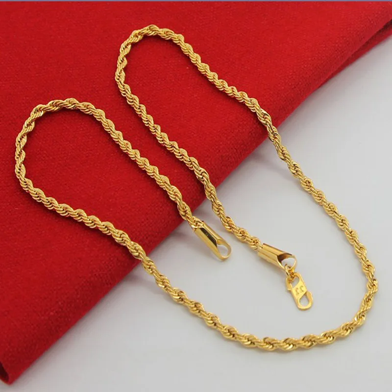 Pure Gold Color 3mm Rope Chain Necklace For Men,Fashion 24k Gold Filled Popular 45cm-60cm Long Chain Punk Party Jewelry Gift