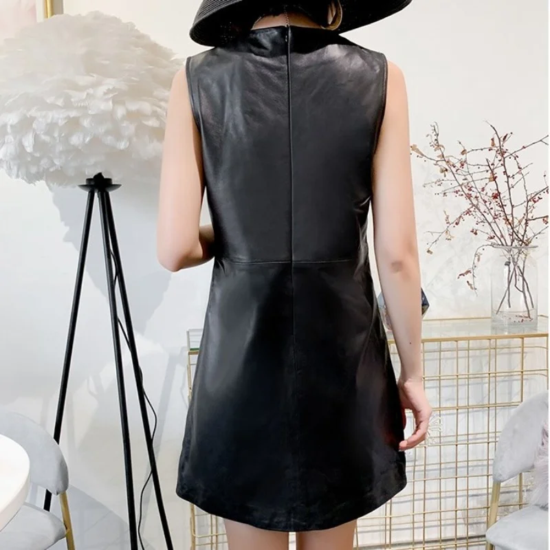 V-Neck Fashion Genuine Leather Short Dress Female Streetwear Slim High Waist Sleeveless Sheepskin A-Line Dress Black M-3XL