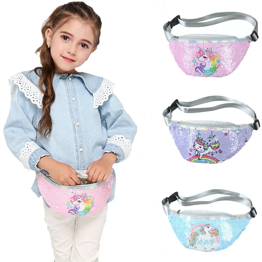 Hot Sale Cartoon Unicorn Sequin Girls Waist Bag Kids Fanny Pack Children Sequins Printing Chest Bag Outdoor Travel Pouch