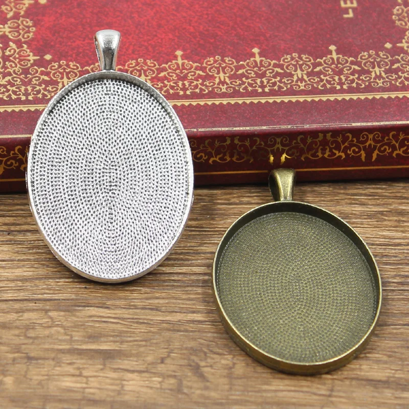 3pcs Fit 40x30mm Simple Oval Glass Cabochon Base Setting Antique Bronze Silver Color Color Pendant Tray For Jewelry DIY Making