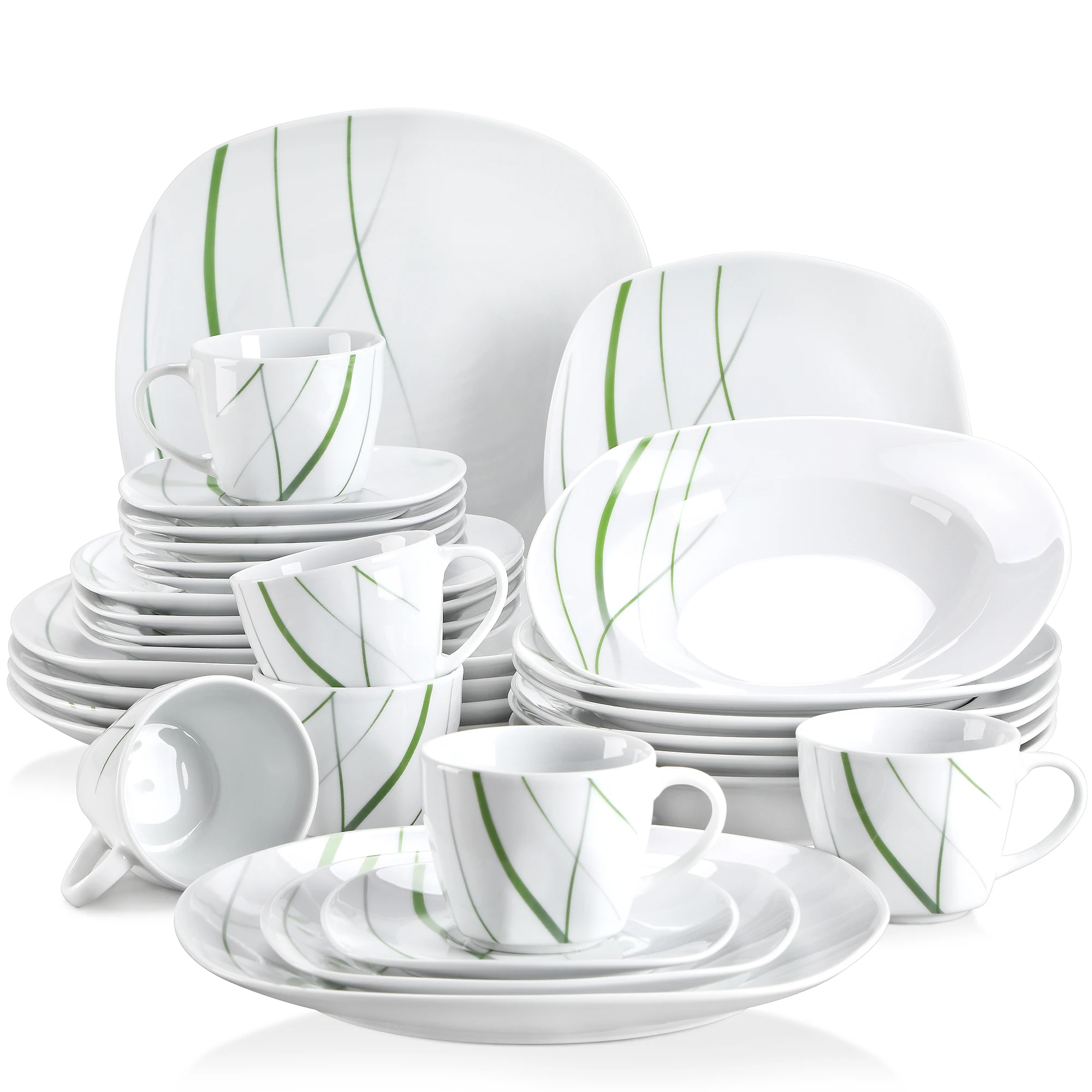 VEWEET AVIVA 30-Piece Kitchen Green Line Porcelain China Ceramic Plate Set with Dessert Plate,Soup Plate,Dinner Plate,Cup&Saucer