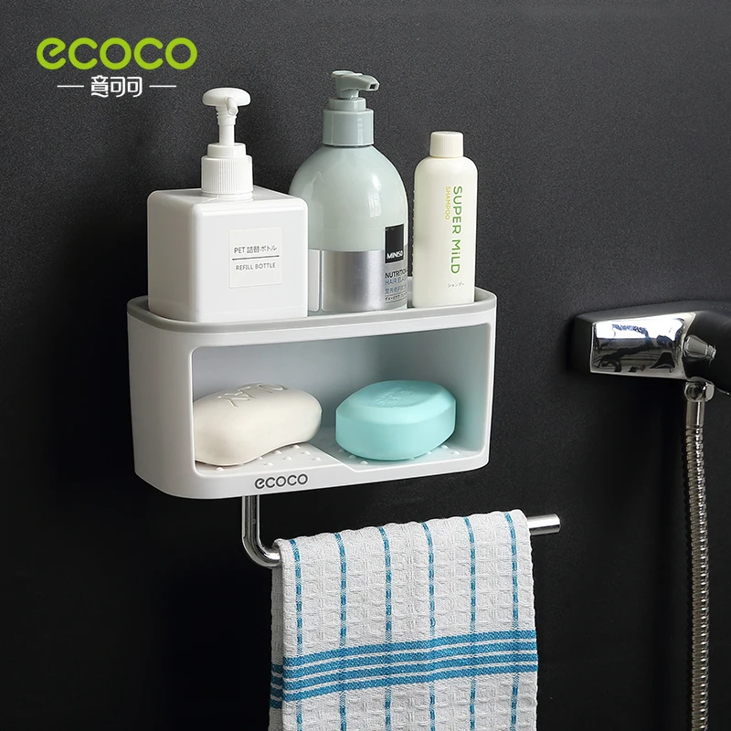 ECOCO Bathroom Shelf Wall Mounted Toilet Soap Dish Bath Shower Set Shampoo Holder Towel Bar Punch Free Hanger Accessories Basket