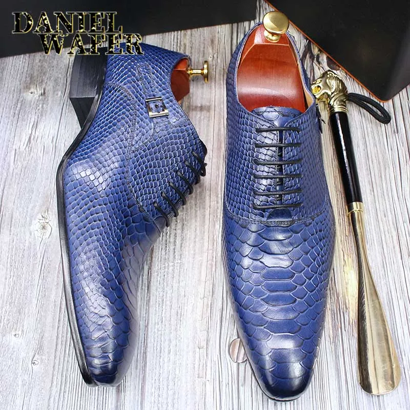 Modische Herren-Lederschuhe mit Schlangenhaut-Aufdruck, klassische Schnürung, Oxford, formell in Wein, Blau, Kaffee, Schwarz – spitze Zehenpartie – Detail 28