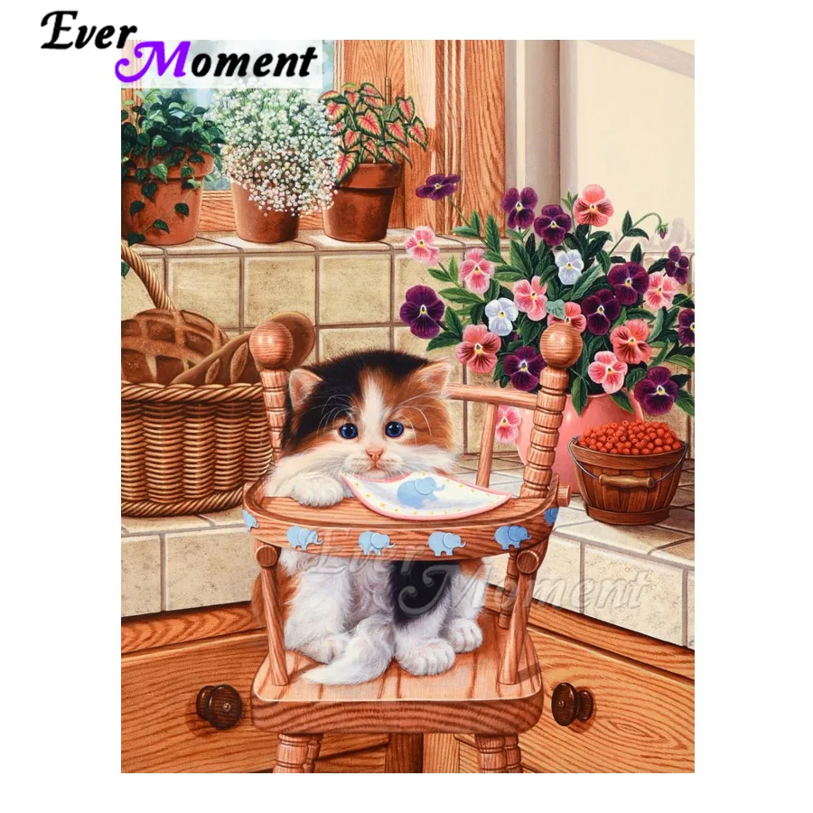 Ever Moment Diamond Painting Cat on Chair Flower 5D DIY Full Square Drill Mosaic Diamond Embroidery Wall Decoration ASF1901