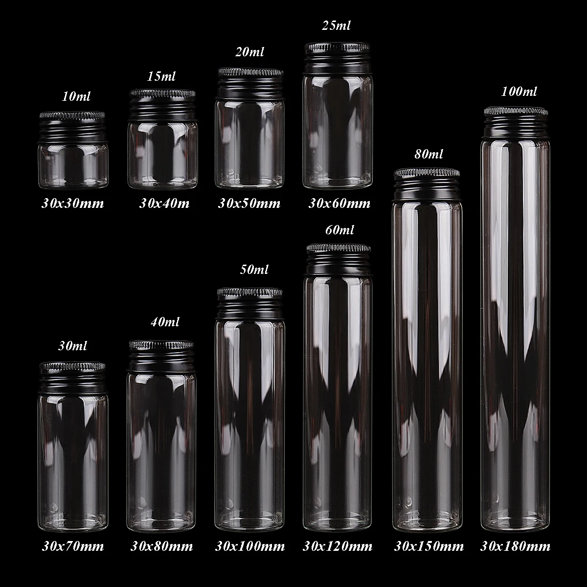 24pcs 10ml-100ml Glass Bottles with Black Aluminum Caps Spice Jar Glass Containers Decorative Bottles for Wedding Craft DIY Gift