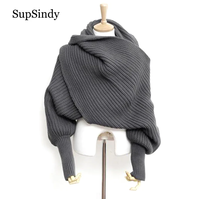 SupSindy European Style Winter Women Long Scarf With Sleeves Wool Knitted Scarves for Women Thick Warm Casual Shawl High quality