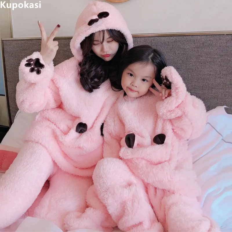 

Kupokasi Flannel Cartoon Women Pajamas Set Autumn Winter Thick Warm Girl Coral Fleece Parent-child Sleepwear Homewear