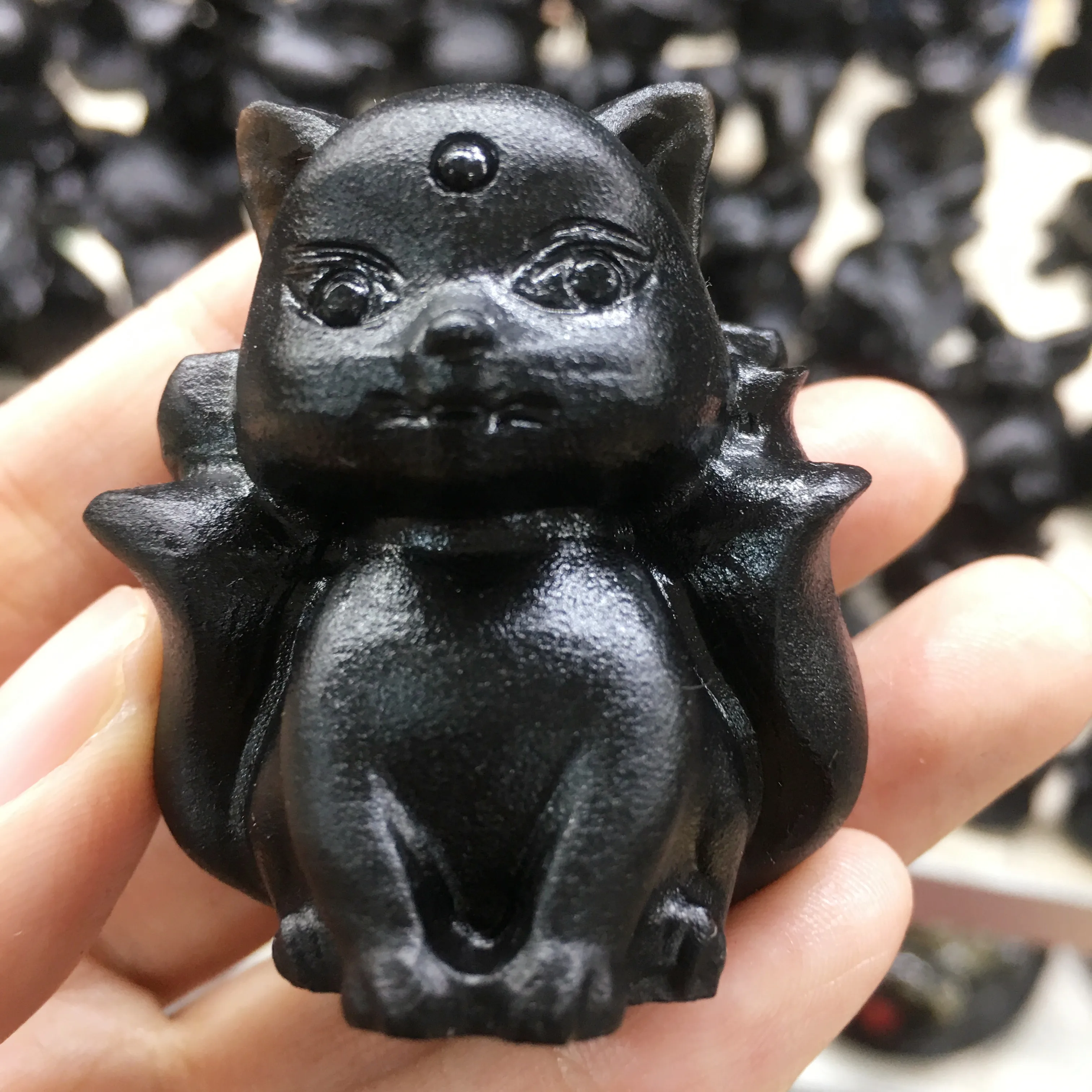 

Cute Natural Stone Black Obsidian Handmade Carved Egyptian nine-tailed fox God Animal Powerful Statue For Home Decoration Gift