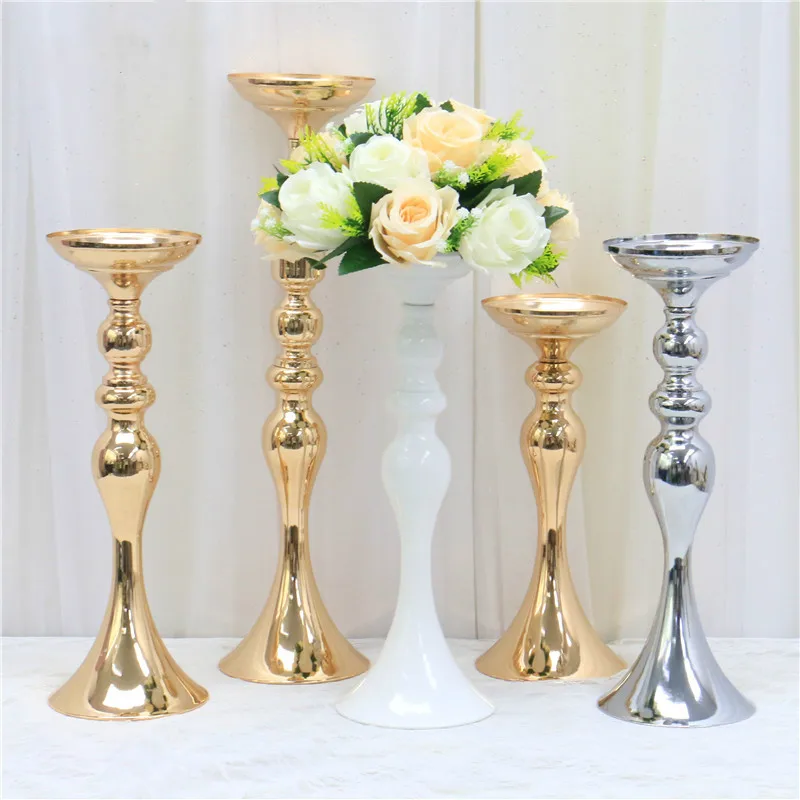 Gold White Silver Candle Holders Metal Candlestick Flower Stand Vase Table Centerpiece Event Flower Rack Road Lead Wedding Decor