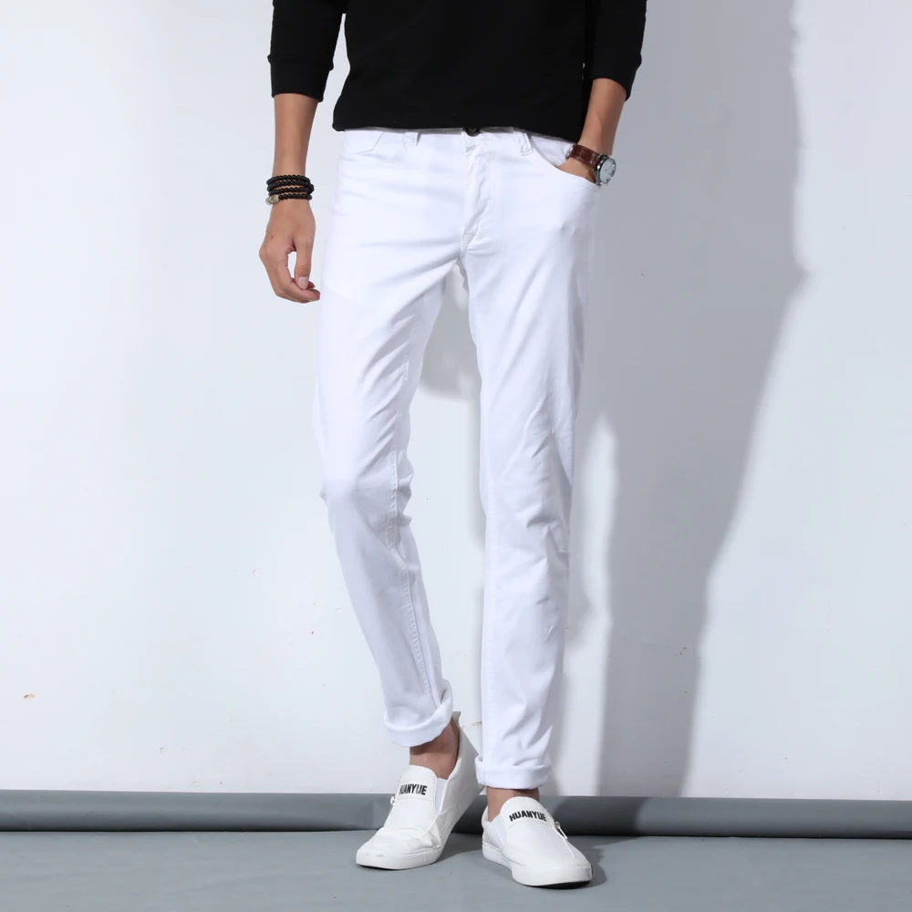 2020 New Autumn Men\'s Pure White Cotton Jeans Fashion Casual Slim Stretch Pants Male Brand Clothes