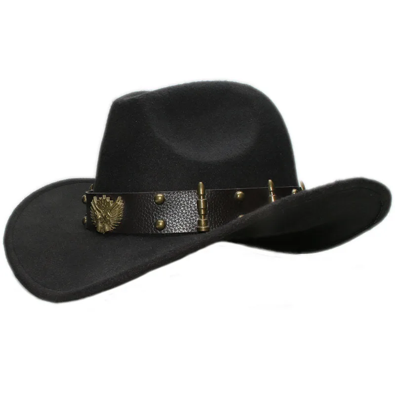 Chapeau de cowboy western à large bord en feutre de laine pour enfant, casquette melon, bande de cuir à deux pistolets, casquette sombrero, rétro,
