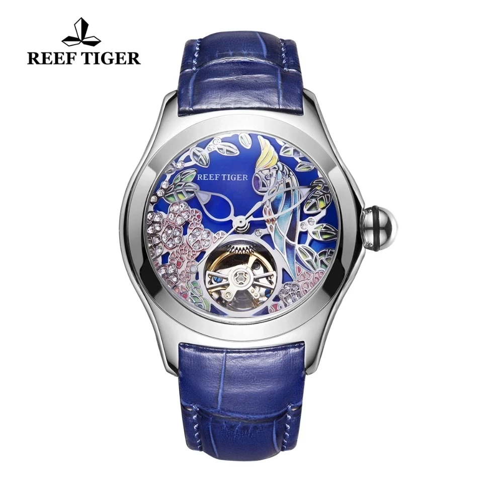 Reef Tiger Top Brand Luxury Women Watches Blue Leather Strap Analog Automatic Mechanical Watches Steel Tourbillon Sport Watches