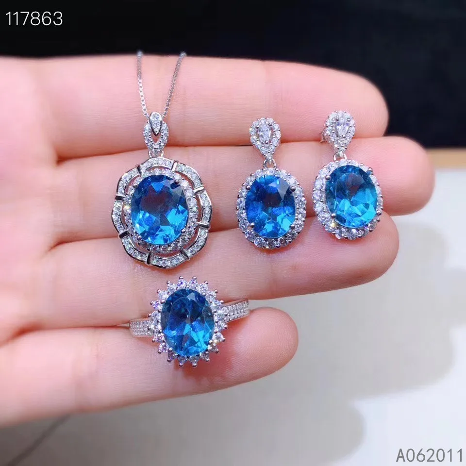 

KJJEAXCMY fine jewelry natural blue topaz 925 sterling silver classic girl new gemstone pendant earrings ring set support test