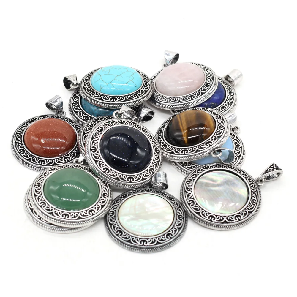 Natural stone Pendant Turquoise Metal Alloy Vintage Round Exquisite charms For jewelry making DIY Necklace accessories 38x42mm