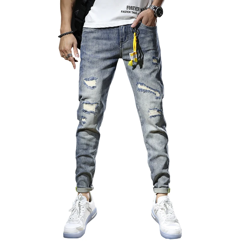 Ripped Jeans Men Summer Thin Light Blue Stretch Mens Jeans Slim Fit Pencil Pants