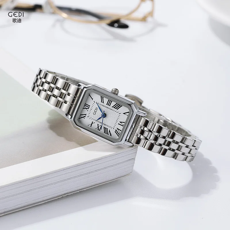 GEDI Women's Watch Korean retro style small square plate steel band quartz watch Rectangular women's watch wrist watch