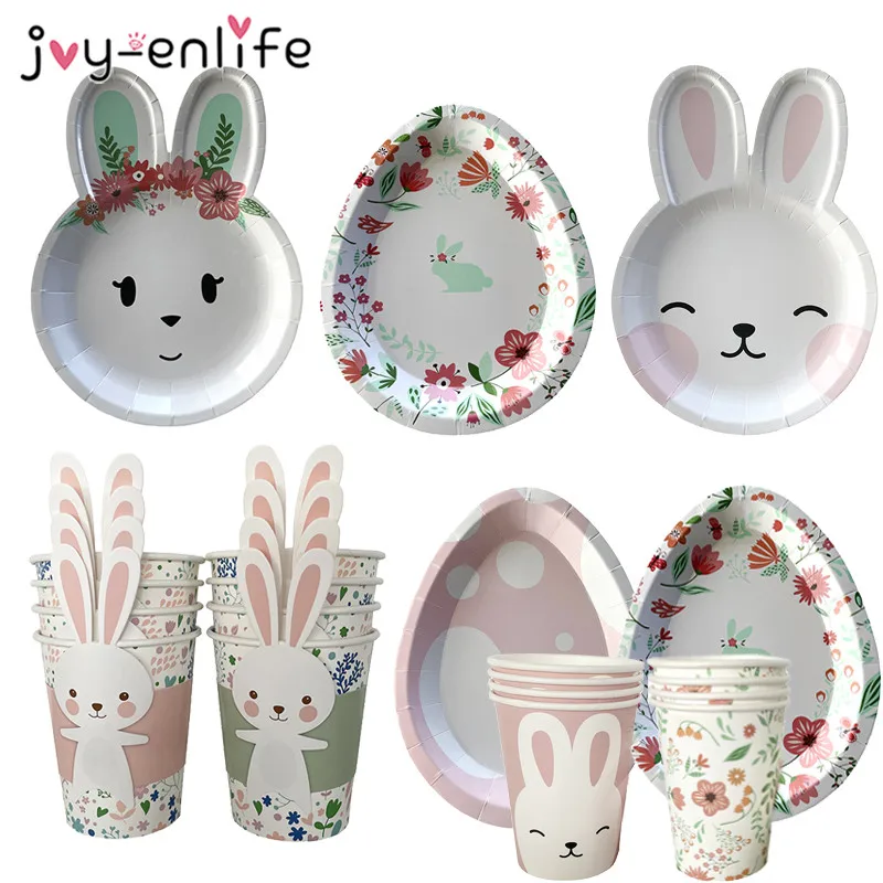 8pcs Easter Bunny Egg Paper Plates Rabbit Ear Shape Cups Happy Easter Party Supplies Tableware Birthday Party Baby Shower decor