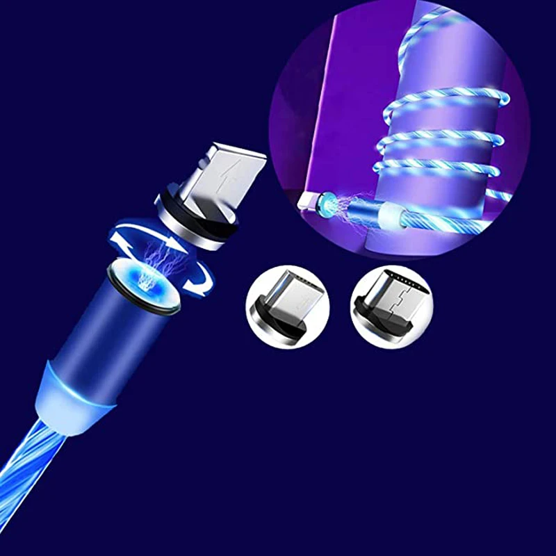 Luz LED brillante 3 en 1, Cable magnético para IOS/Tipo C/cargador Micro USB, Samsung S8, S9 Plus, A50, para Android, Huawei P30 y LG