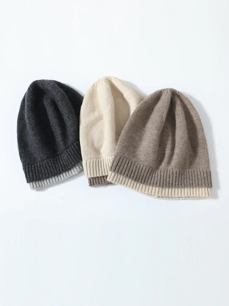 Cashmere 35% Knit Caps New Fashion Double Layer Hem Deco Unisex Beanies 2022 Wool Blend Warm Hat Soft Cozy Spring Outdoor Casual