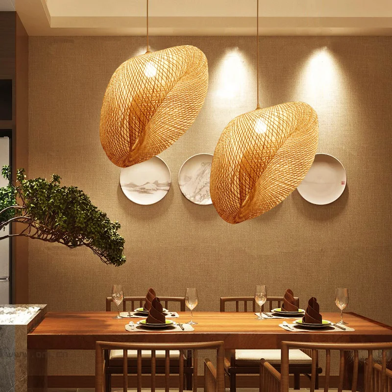 Handmade Bamboo Pendant Light Vintage Wicker Rattan Wave Shade LED Chandelier for Dining Room Bedroom Indoor Lamp