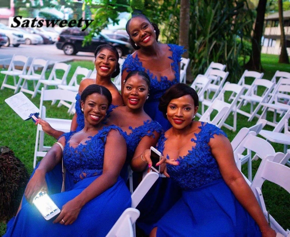 African Royal Blue Lace Bridesmaid Dresses A Line Split Chiffon Wedding Guest Long Maid of Honor Gowns Plus Size Party