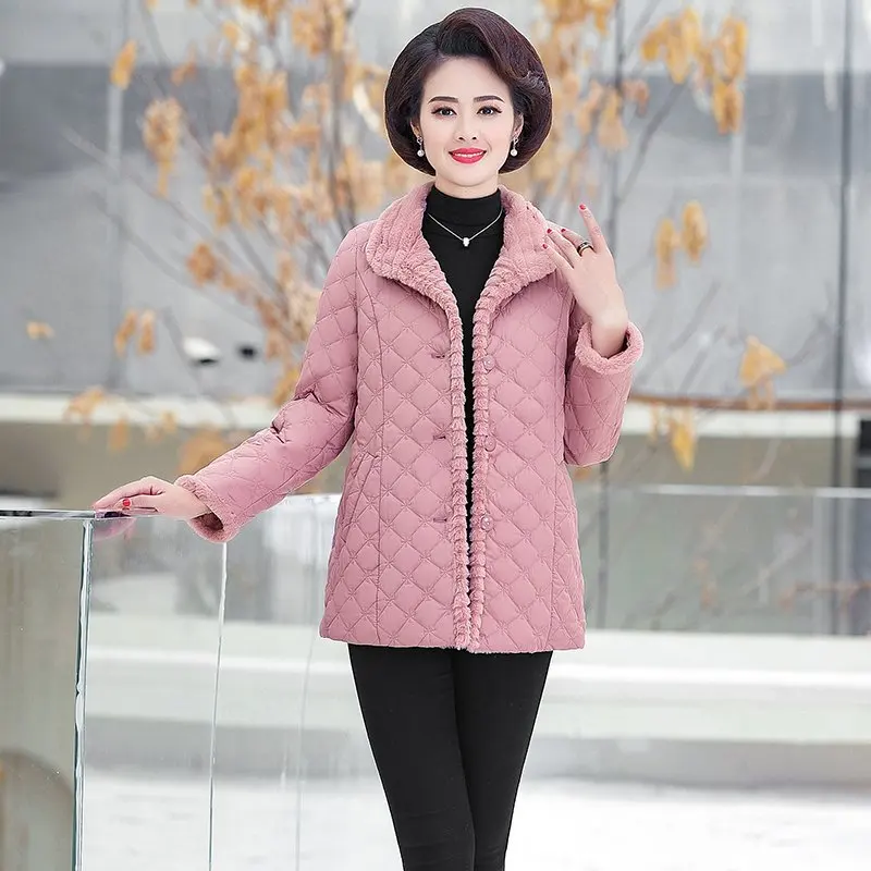 Down cotton Padded Coat lapel Quilted Jacket Middle-aged Women's Coats Autumn Winter Plus Velvet Thick Warm Outwear Mother dress