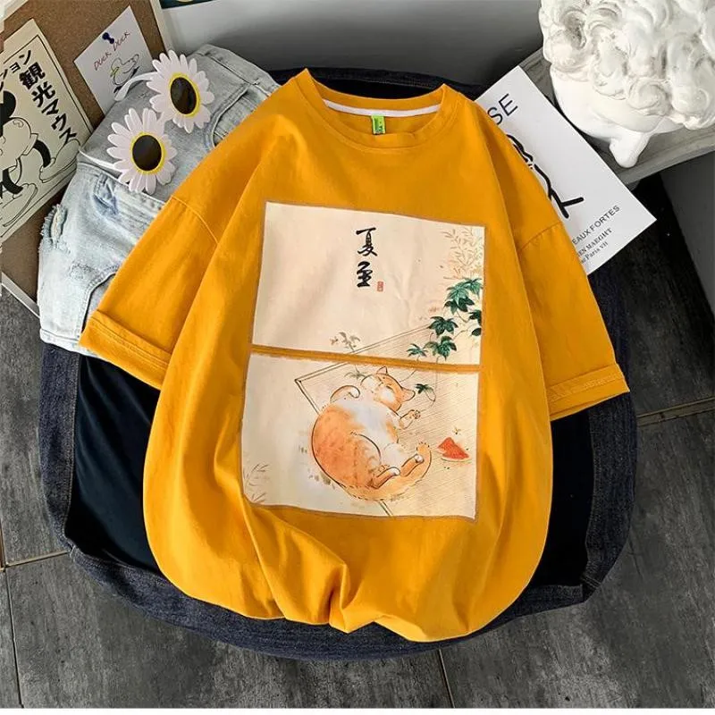 Summer Casual Department Of Literature Women T Shirt Print Watermelon Lovely Little Lazy Cat Tees Royal Blue O-Neck Cotton Tops