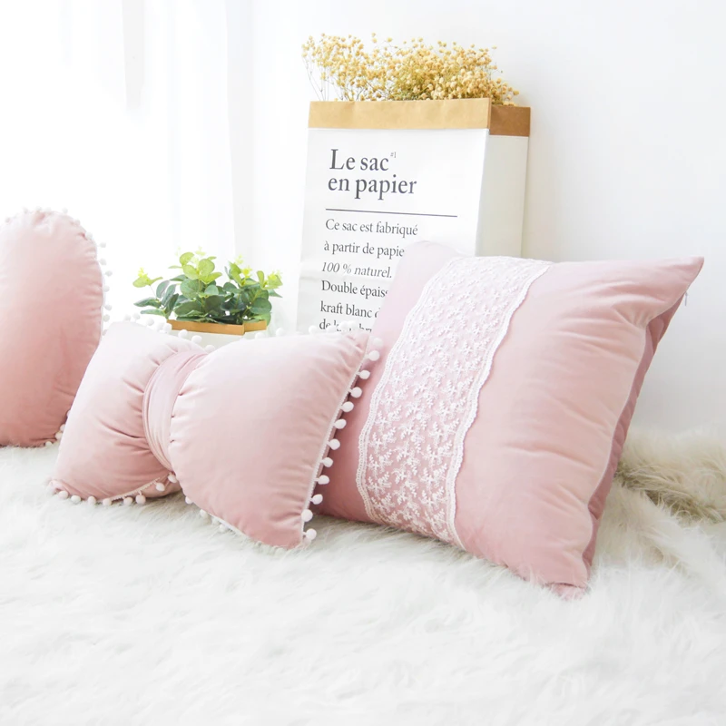 soft princess style lace pink cushion star/bow/heart shaped velvet pillow throw pillow back cushion gift lumbar pillow