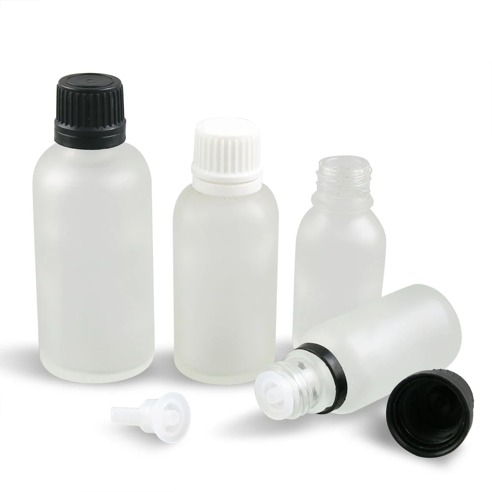 

5ml 10ml 1oz 50ml Frost Glass Essential Oil Bottles Vial Container with Orifice Reducers and Black white Tamper Evident Caps