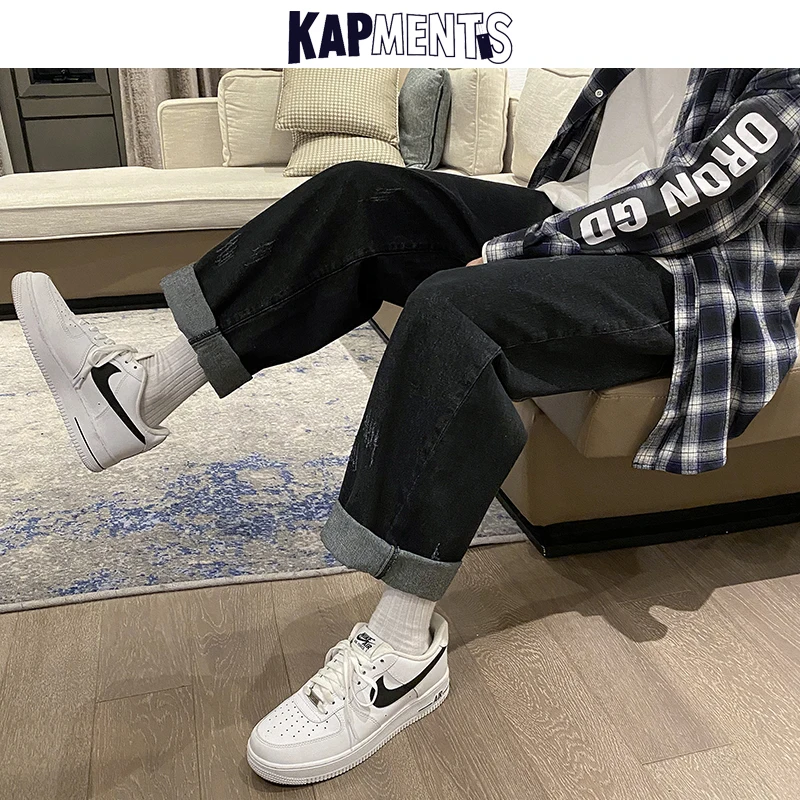 KAPMENTS Men Solid Y2k Baggy Ripped Jeans Pants 2023 Mens Japanese Streetwear Wide Leg Denim Trousers Male Vintage Casual Jogger