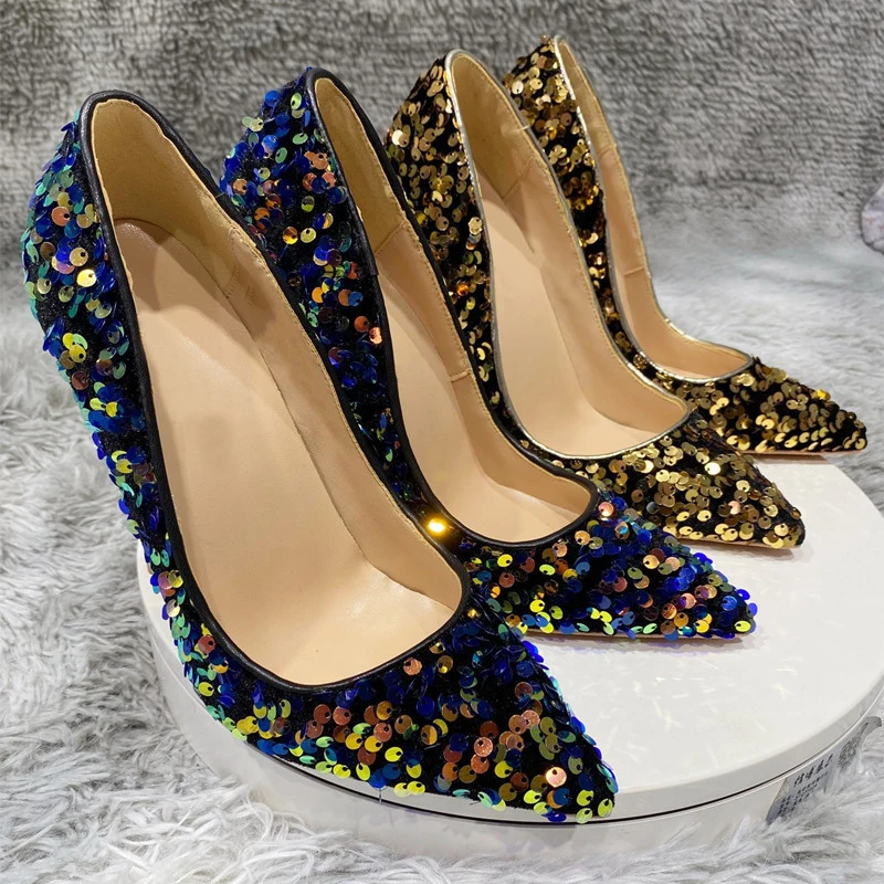 Heelgoo Glitter Sequins Women Sexy Pointy Toe High Heel Wedding Party Shoes Designer Gorgeous Stiletto Pumps Plus Size 43 44 45