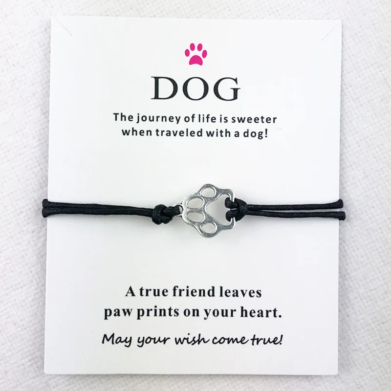 Tibetan Silver Dog Cat Paw Connection Charms Cuff Multilayer Wax Rope Animal Bracelets Women Men With Card Bracelet Jewelry