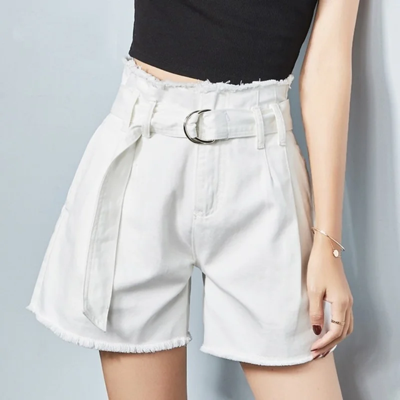 High Women Waist Denim Shorts Sashes Female Straight Wide Leg Short Jeans New Ladies Tassel High Street Feminino Denim Shorts