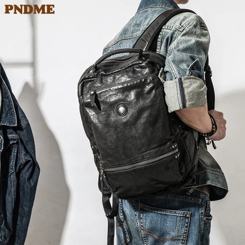 PNDME casual high quality genuine leather men\'s women\'s backpack designer soft cowhide luxury teens travel black laptop bagpack