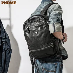 PNDME casual high quality genuine leather men's women's backpack designer soft cowhide luxury teens travel black laptop bagpack