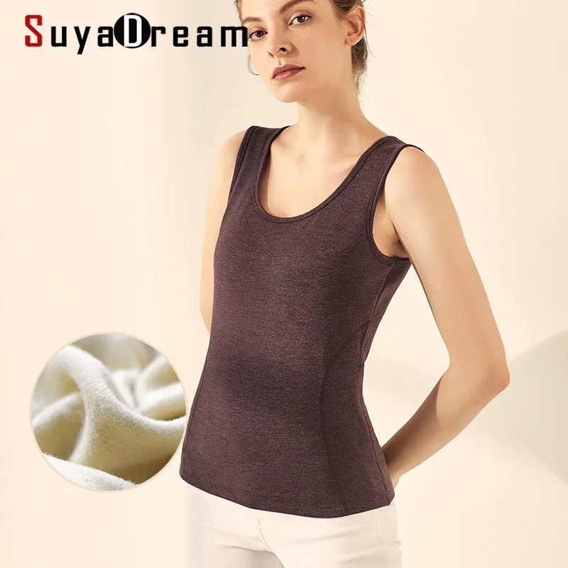 SuyaDream Women Tanks 100% Natural Silk Fleece Solid O neck Slim fit Warm Vests 2021 Winter Bottoming Tank Top